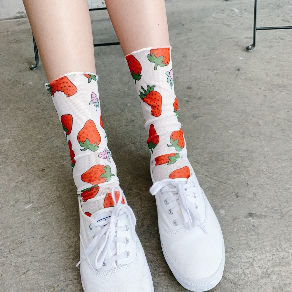 

Women Fashion Cute Flower Print Short Socks Pile Heap Hollow out Fishnet Loose Hosiery Unique Popular Art Socks Female Socks Sox
