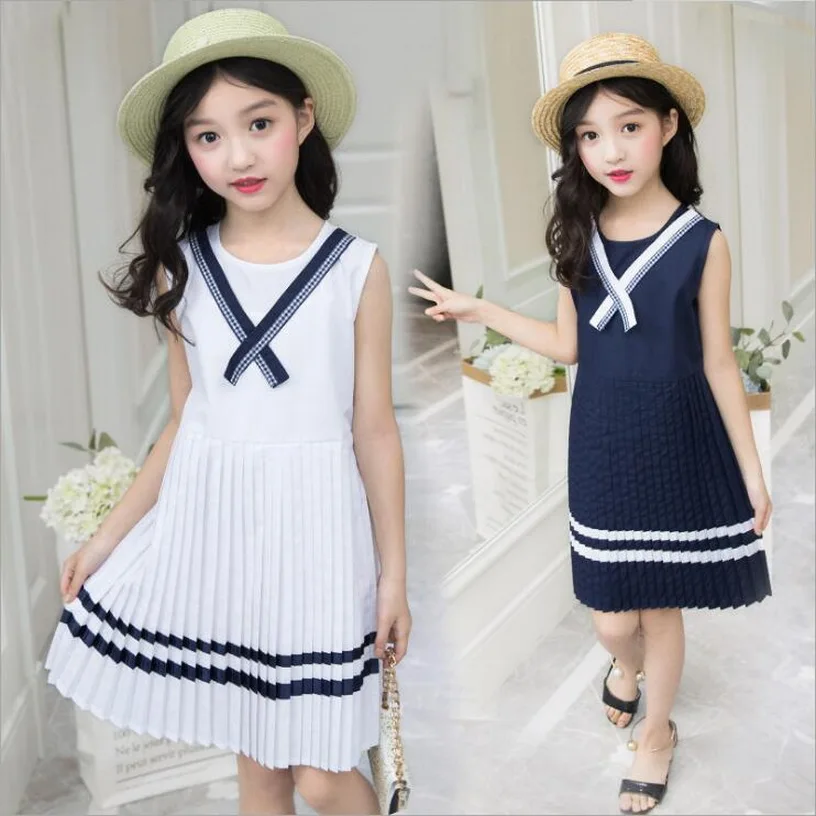 

New Girls Dress Children Summer Sleeveless Vest Pleated Dress Kids Baby High Quality Navy Dress