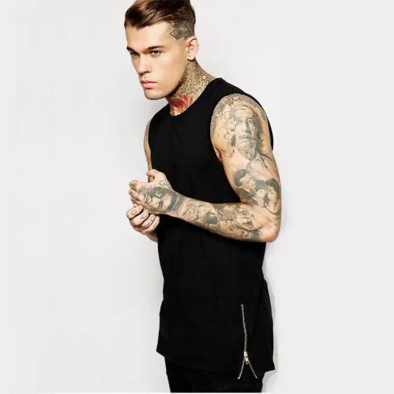

Europe and the United States wind high street men's new solid color lengthened side open zipper round neck vest street clothing