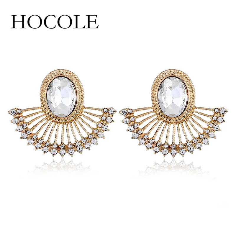

HOCOLE 2018 Elegant Crystal Fan Earrings for Women New Design Statement Stud Earrings Punk Sector Shape Earrings Jewelry Brincos