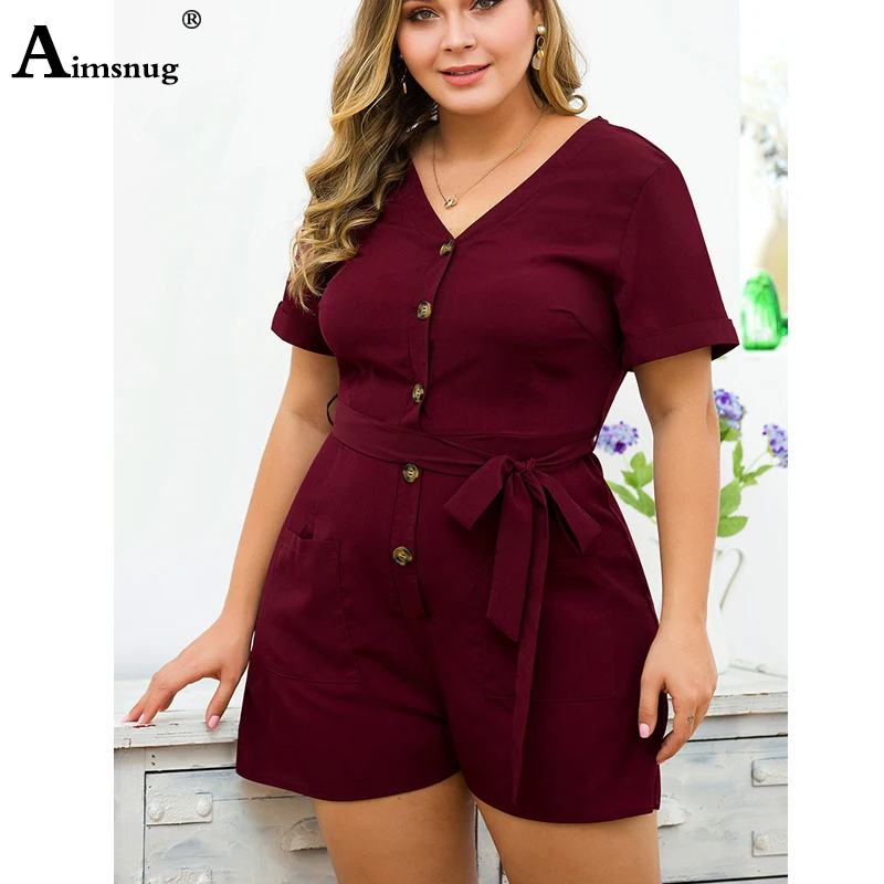 

Plus Size 4xl Burgundy V Neck Solid Wrap Romper with Belt Women 2019 Summer Short Sleeve Button Pocket Short Jumpsuits Overalls