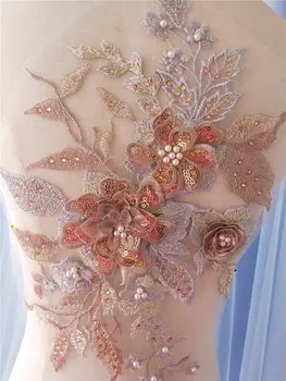 

5 pieces Pink Bridal lace Applique,3D Floral Heavy Tulle Bead Craft Applique with Pearls,Handmade Sequined Flower Bodice Wedding