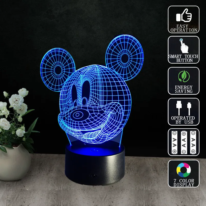 Микки 3D ночник настольная лампа USB Ночной светильник с меняющимися цветами Lampara