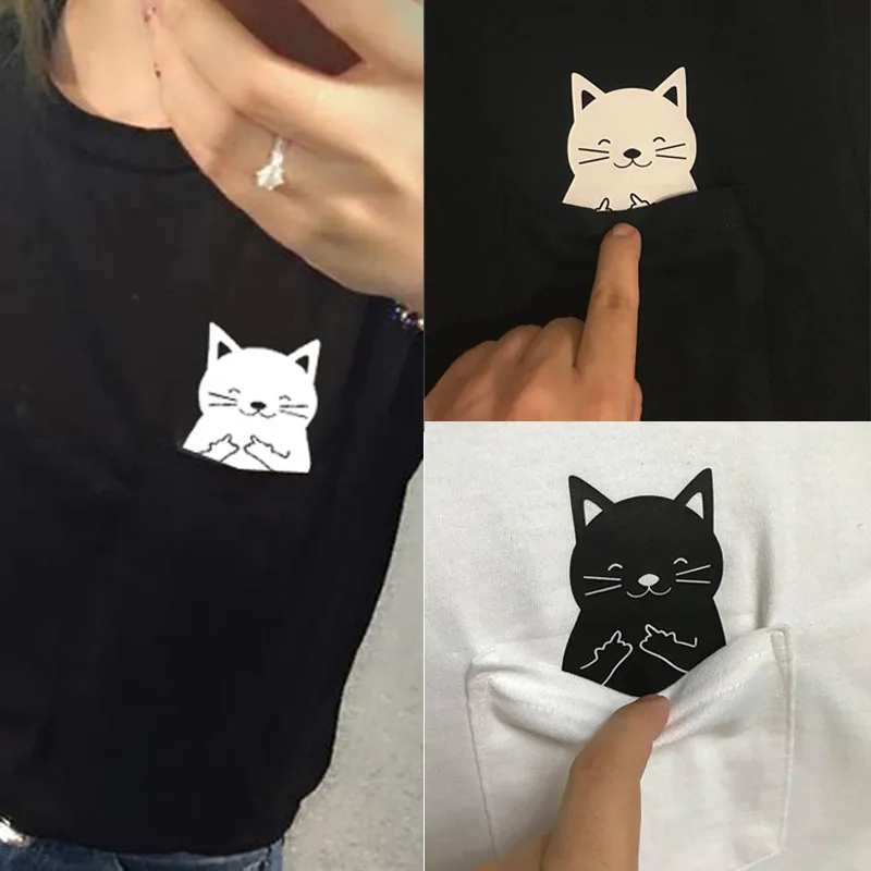 

Showtly Funny Pocket Cat Women's T-shirt Popsocket Casual Summer Couple Plain Tops Pullover Short Sleeve O-neck