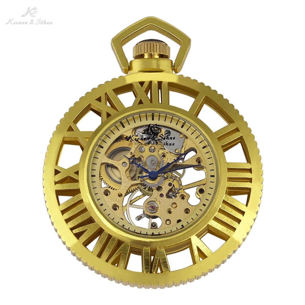 KS Gold Skeleton Face Dial Roman Mechanical Pocket Watch Men Vintage