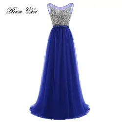 Vestidos de Fiesta 2019 Длинные вечерние платья королевский синий тюль Линия Формальное длинное платье с круглым вырезом плюс размеры