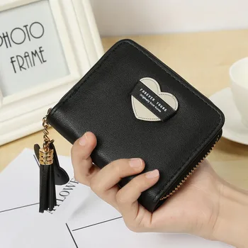 

Girls PU Leather Small Short Solid Female Mini Tassel Cute Heart Pattern Coin Purse Women Zipper Wallet Card Holder Short Clutch