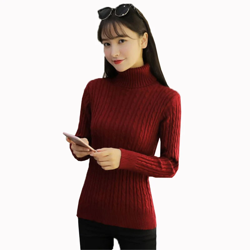

Women Turtleneck Knitted Sweater 2019 Autumn Winter Slim Bottoming Sweater Solid color Long sleeves warm Pullover Knitwear FC95