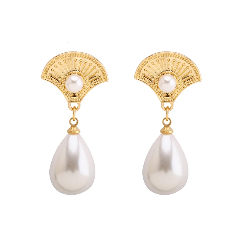 

SRCOI Gold Alloy Fan Water Drop Faux Pearl Earrings Dangle Korean Elegant Long Pearl Earrings Women Girls Party Wedding Bride