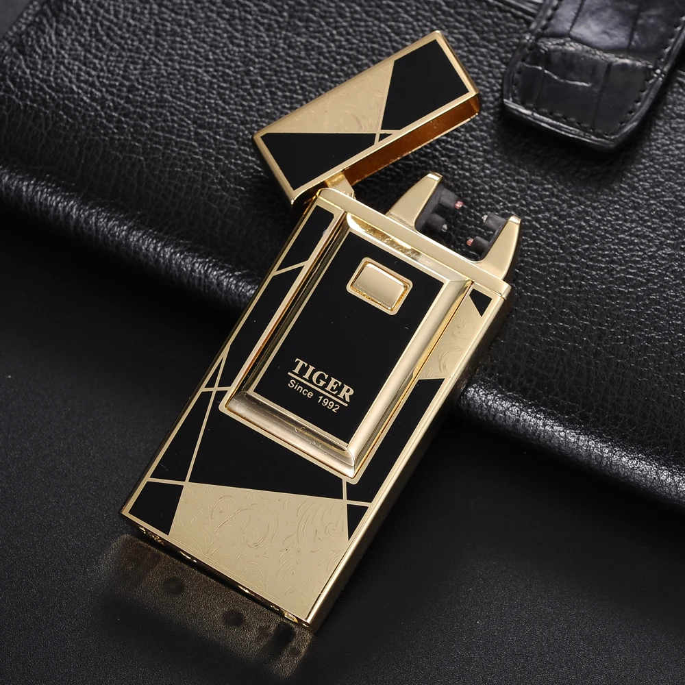

Tiger Logo Electronic Cigarette Plazma Lighter Double Arc Pulsed Lighter Gift Box Windproof Thunder Metal Plasma USB Lighter