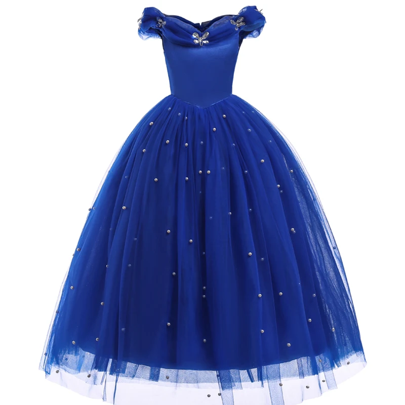 2018 Summer Cinderella Princess girls dress Blue Long Shoulderless dresses Kids Party dress birthday girl party costume clothes 2018 Summer Cinderella Princess girls dress Blue Long Shoulderless dresses Kids Party dress birthday girl party costume clothes