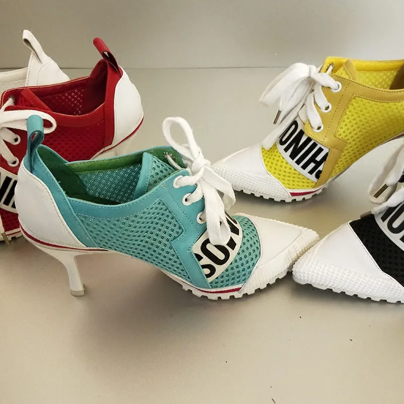

Princess Pumps European Station 2019Spring Women Mesh Surface Candy Color Pointed Shallow High heel 7.5CM Cross-tied Girl's Shoe