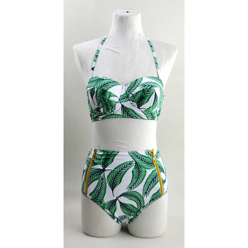 High Waist Bikini Palm Leaf Printed Swimsuit Women Swimwear Bathing