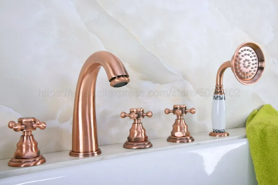 Bathroom Bathtub Faucet Antique Red Copper 5 Hole Bathroom Faucet Set Hot Cold Mixer Tap with Handheld Shower ztf240