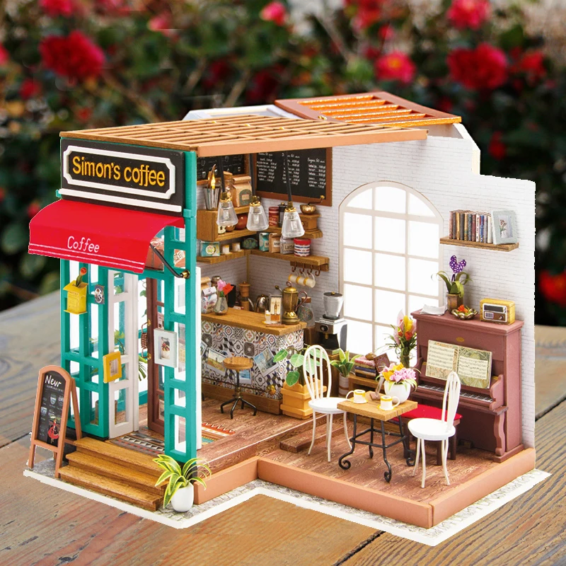 DIY Wooden Time Coffee Shop Miniature Dollhouse 3D LED Mini Dollhouse Kit With Furniture Kit Light Creative Christmas Gift