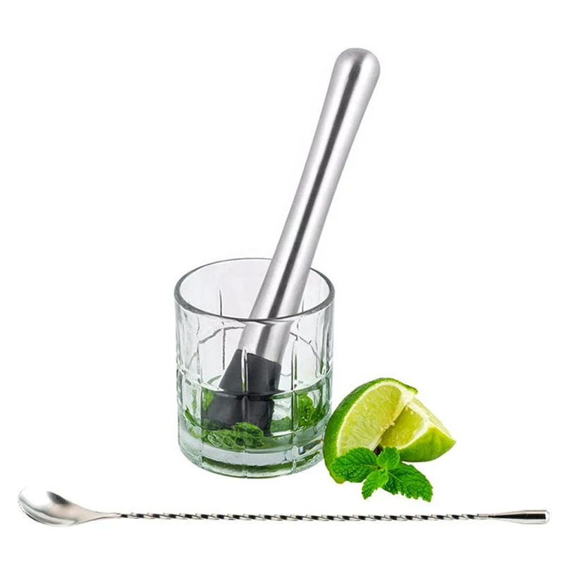 2Pcs Stainless Steel Cocktail Muddler Bar Spoon Set Barware DIY Drink Muddler Long Twisted Mixing Spoon Stirrer Mixer Bar Tools