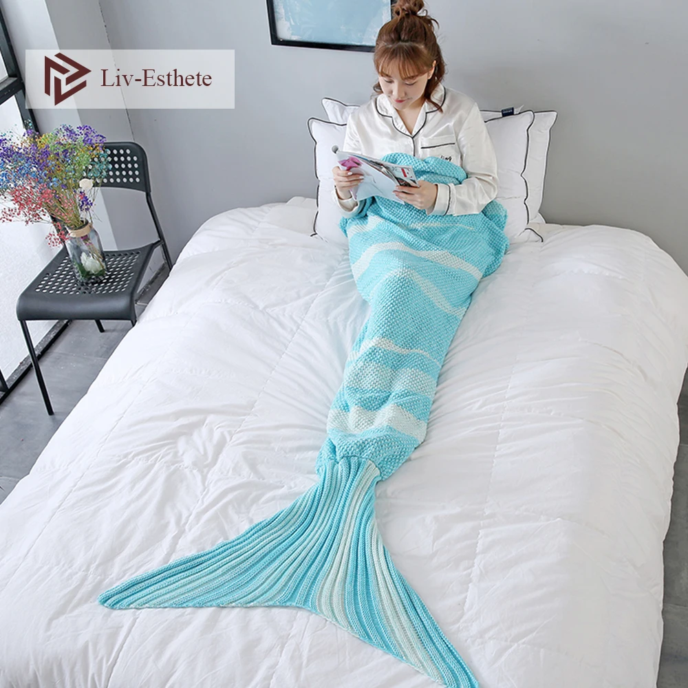 

Liv-Esthete Green Throw Mermaid Tail Blanket For Adult Kids Child TV Sofa Bed Knitted Handmade Sleeping Bags Gift Blanket