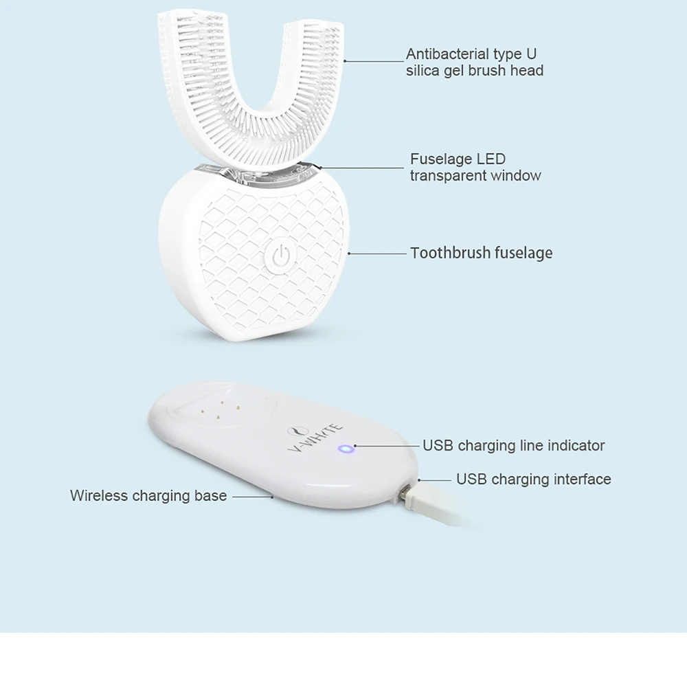 V-white 360 интеллектуальная автоматическая звуковая зубная щетка u-типа USB перезаряжаемая зубная щетка с силиконовой головкой зубная паста