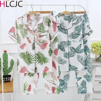 

2019 Fresh Leaves Short Sleeve Pajamas Sets Women Kawaii 100% Gauze Cotton Casual 2 Piece Pyjamas Mujer Women Homewear Sleepwear