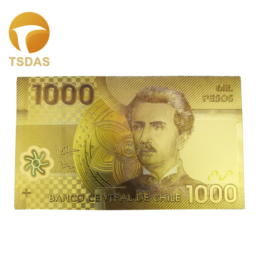 

Chile 1000 Peso Gold Banknote Colorful World Banknote For Souvenirs, Golden Bank Notes