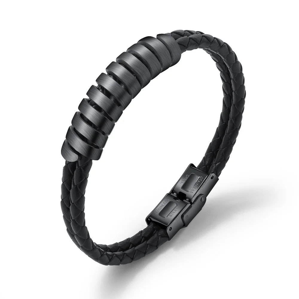 FATE LOVE Punk Male Men Statement Charm Bracelets Fashion Jewelry Gift Black PU Leather Wristlet Stainless Steel PH1286