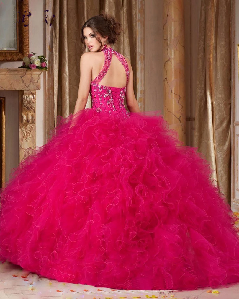 Luxurious Red Quinceanera Dresses Embroidery Crystals Ball Gown Backless Vestidos De 15 Anos