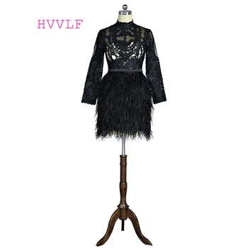 

Black Elegant Cocktail Dresses Sheath Long Sleeves Appliques Lace Feather Short Mini See Through Homecoming Dresses