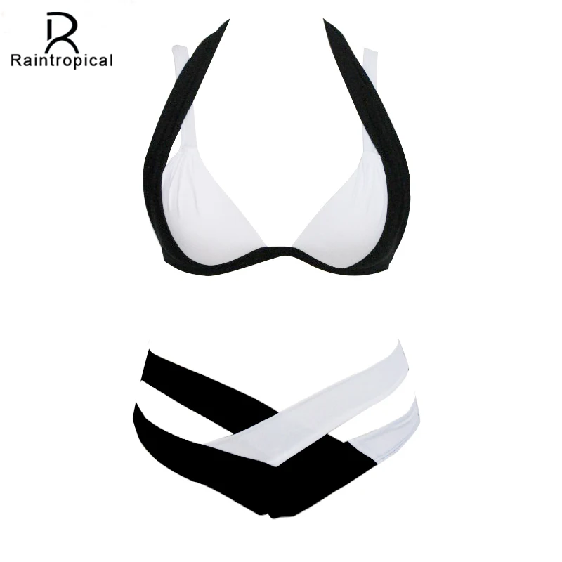 

Raintropical Sexy Bikinis Women Swimsuit 2019 Summer Beach Wear Bikini Set Push Up Swimwear Bandage Bathing Suit Black White XL