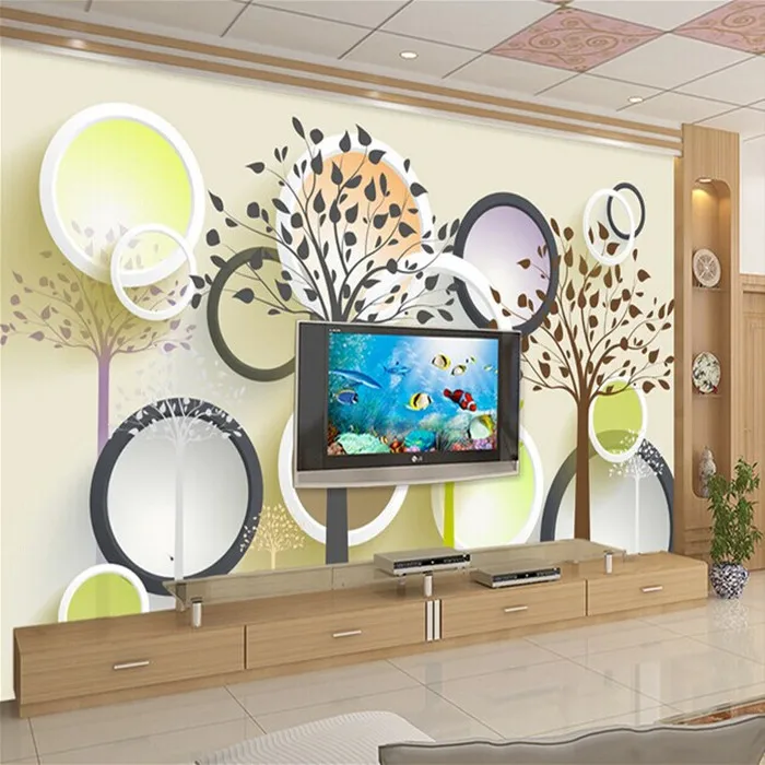 

3D stereo circle simple TV background wall painting room wallpaper wallpaper seamless abstract tree flower