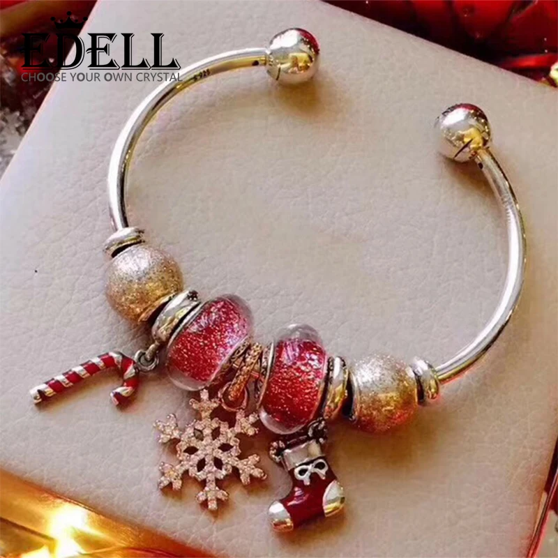 

EDELL 100% 925 Sterling Silver Winter Christmas Bracelet Set Snowflake Cane Christmas Socks Glamour Women Original Jewelry