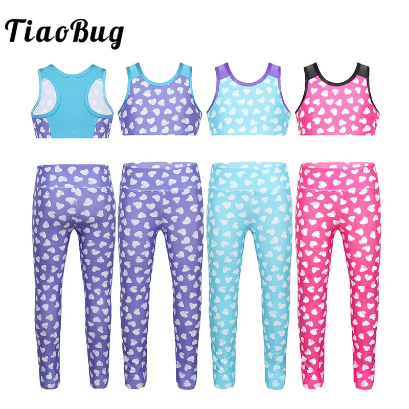 

TiaoBug Kids Girls Printed Color Block Sleeveless Racerback Ballet Gymnastics Crop Tops with Leggings Pants Set Child Dance Wear