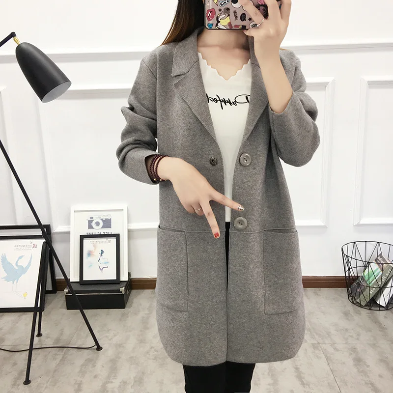 Lady Pullover Korean Winterjacken Office Chested Langermel Single Tops Strickjacke Lange Blaugraugr Style Damen hCrxQstd