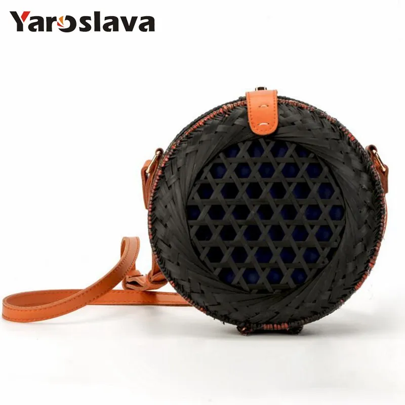 

Bamboo Bag Handmade Rattan Woven Round Handbag Vintage Straw Knitted Messenger Bag Lady Fashion Summer Hollow Beach Tote LL884