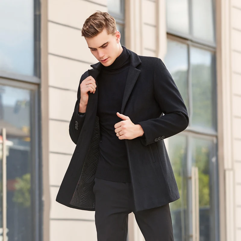 TIAN QIONG Men Clothes Autumn Winter New Long Wool Jacket Male Fashion Casual Thicken Slim Fit Mens Coat Brand Clothing - Цвет: Черный