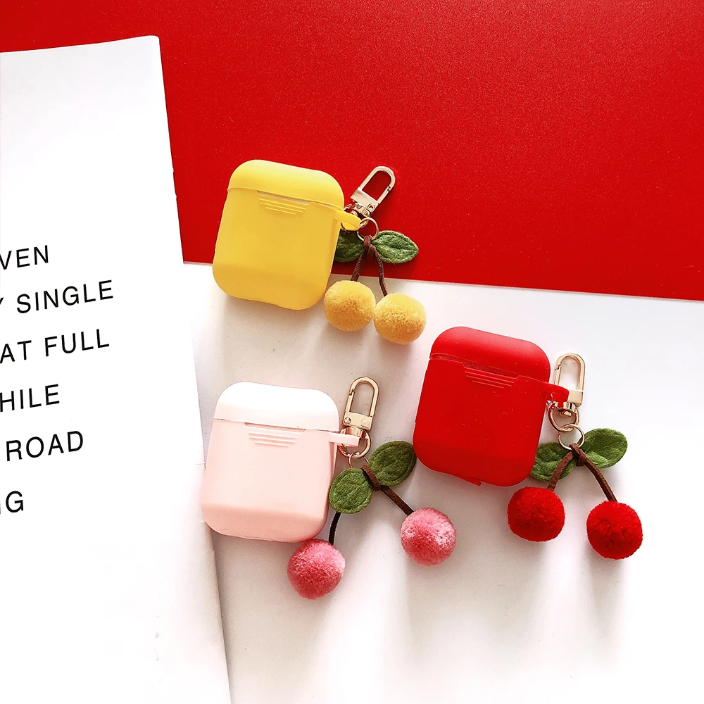 Cute Candy colors Plush Cherry Pendant For Apple New Airpods 2 Shockproof Case For Air Pods Charging Box TPU Silicone Cover Case