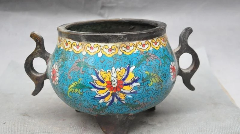 

8" Marked Old Chinese China bronze Cloisonne Enamel Flower Incense burner Censer