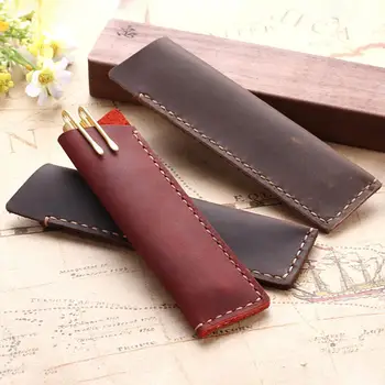 

Retro Leather Pen Holder Angled Corner Ballpoint Pen Protective Sleeve Cover Straight Stiched Handmade Fountain Pouch For Single