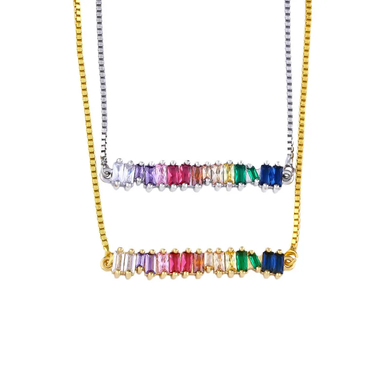 

2019 New Arrival Rainbow CZ Zircon Bar Geometric Pendant Necklaces High Quality Colorful Choker Necklace For Women Jewely
