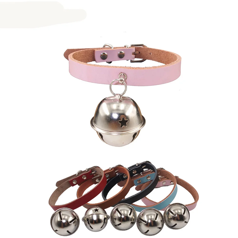 XPangle Solid Dog Collar Leather With Bells Adjustable Puppy Collars