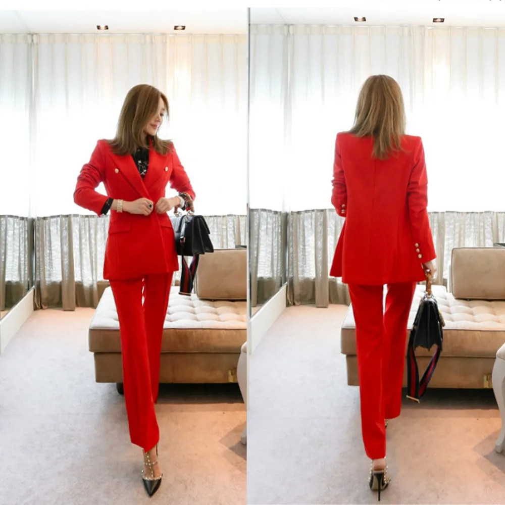 Red Work Pants Suits 2 Piece Sets Office Lady Suits Women Outfits Spring 