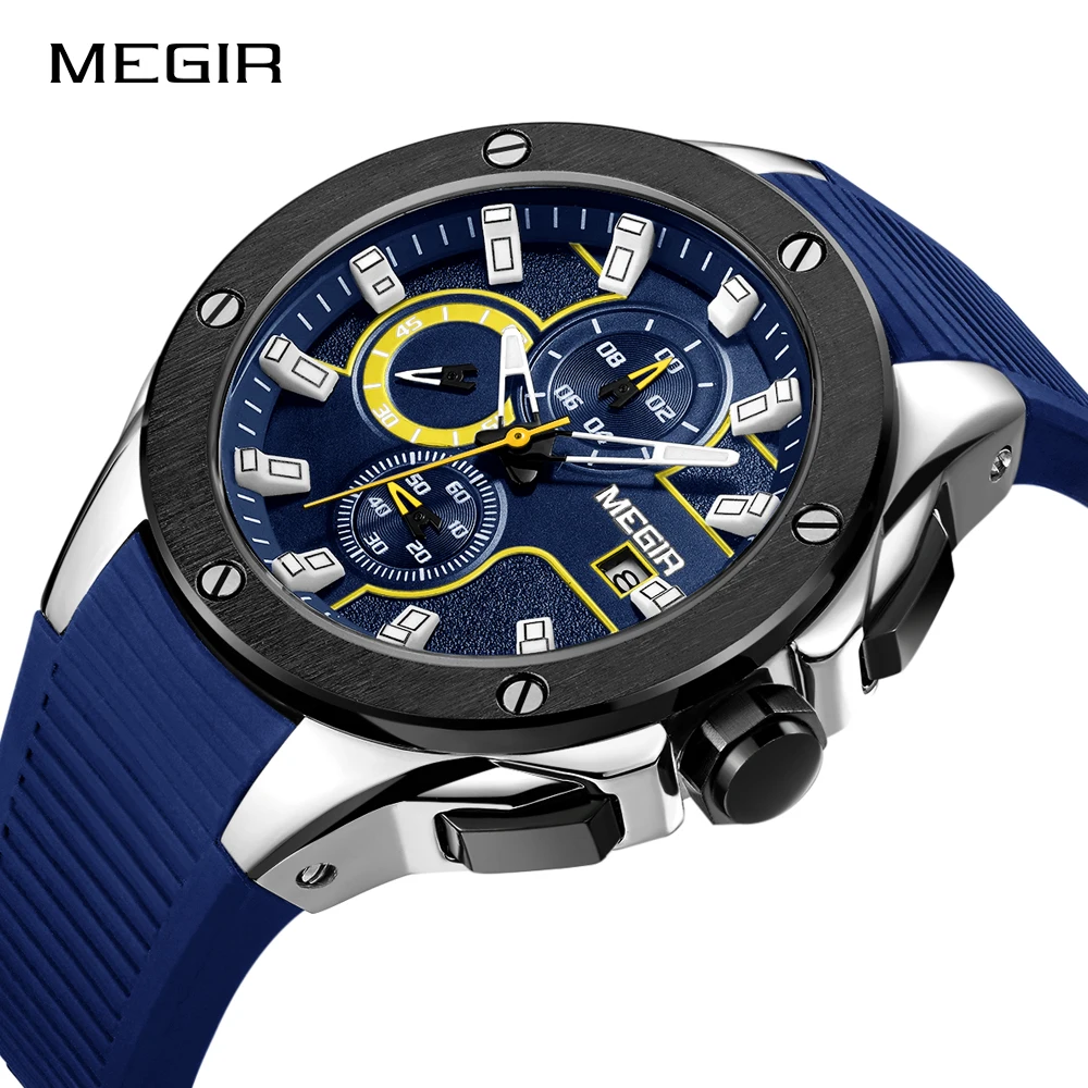 Acheter MEGIR Hommes Sport Montre Chronographe Bracelet En Silicone Quartz Armée Militaire Montres Horloge Hommes Top Marque De Luxe Mâle Relogio Masculino