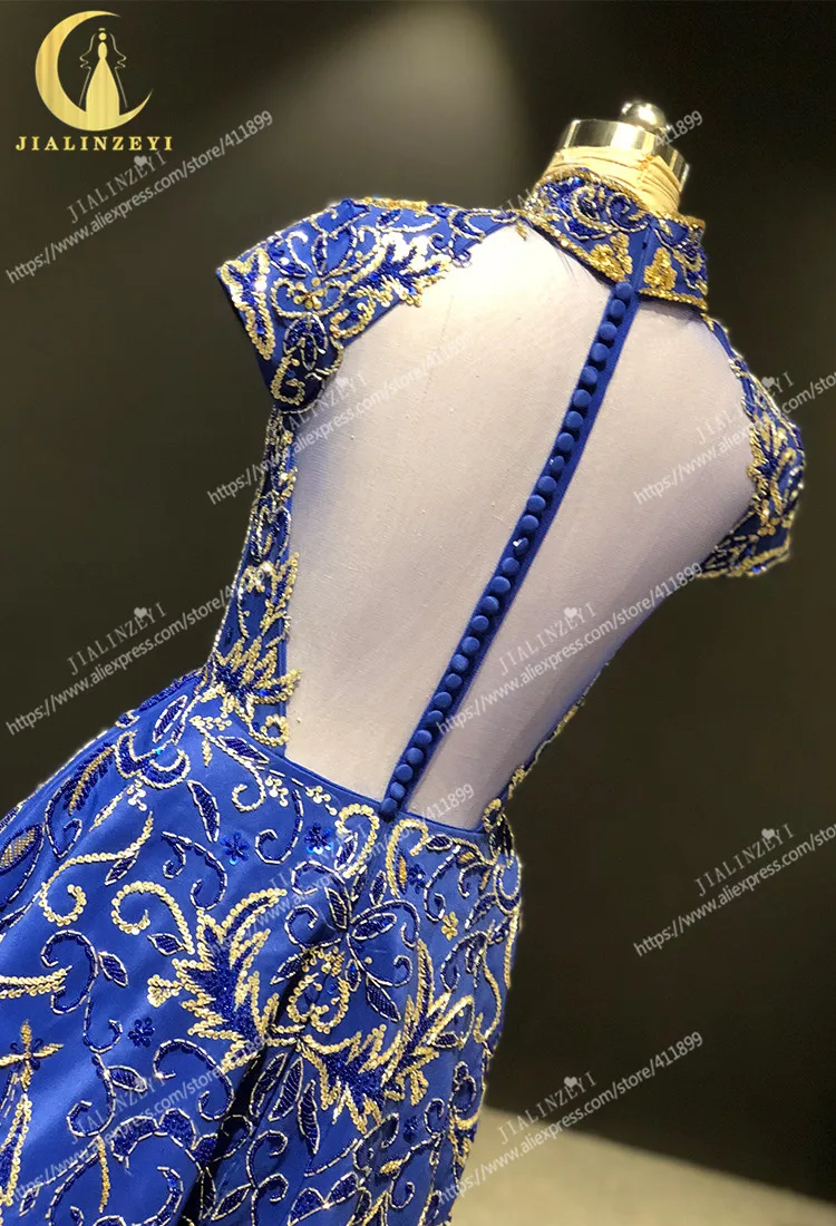 JIALINZEYI Настоящее Изображение роскошное с короткими рукавами Королевское синее Золотое Платье длиной до щиколотки вечерние платья