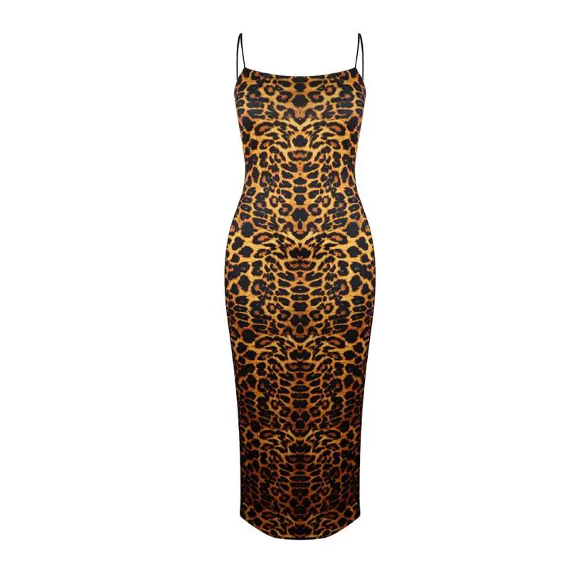 Леопардовое Клубное платье на тонких бретельках для женщин, открытая спина, бодикон размера плюс, длинное летнее платье без рукавов, сексуальное Макси платье для вечеринки, vestidos