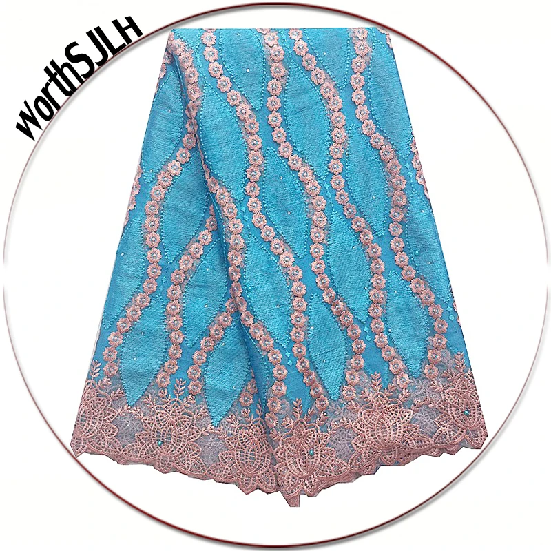 

Swiss Guipure Nigerian Lace Fabric 2018 High Quality Sky Blue Peach Net Cord Latest African Lace Fabric French Lace Fabric