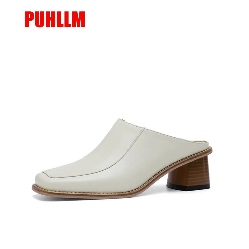 

2019 new leather toe cap square word lazy half drag women's shoesE12