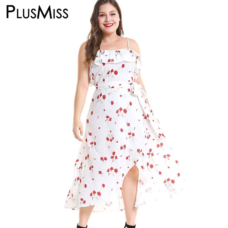 

PlusMiss Plus Size XXXL XXL Summer Floral Printed Ruffle Spaghetti Strap Dress Women Boho Maxi Long Dresses White Sundress Big