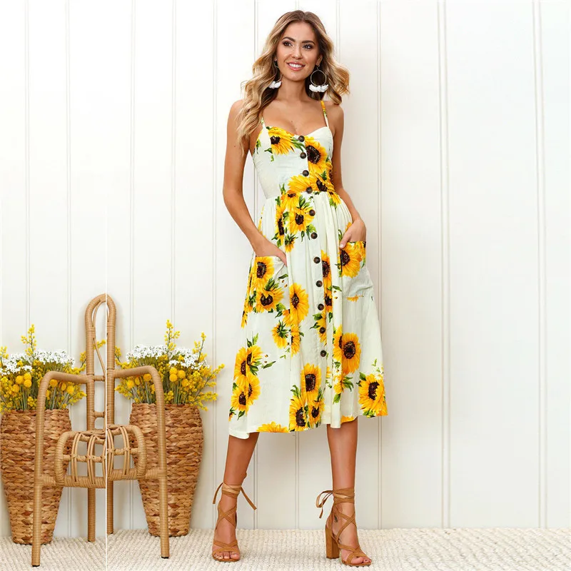 

SEXY Women BOHO Floral Dress Long arrival Dresses Party Holiday Strappy Button Pocket Beach Sundress Vestidos Mujer Dropshipping