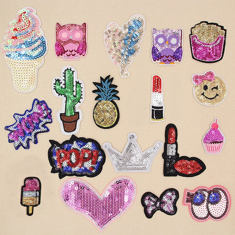 

Wow Pop Owl Crown Heart Feather Pineapple Sequin Embroidery Patches for Clothing Iron on Clothes Appliques Badge Stripe Sticker