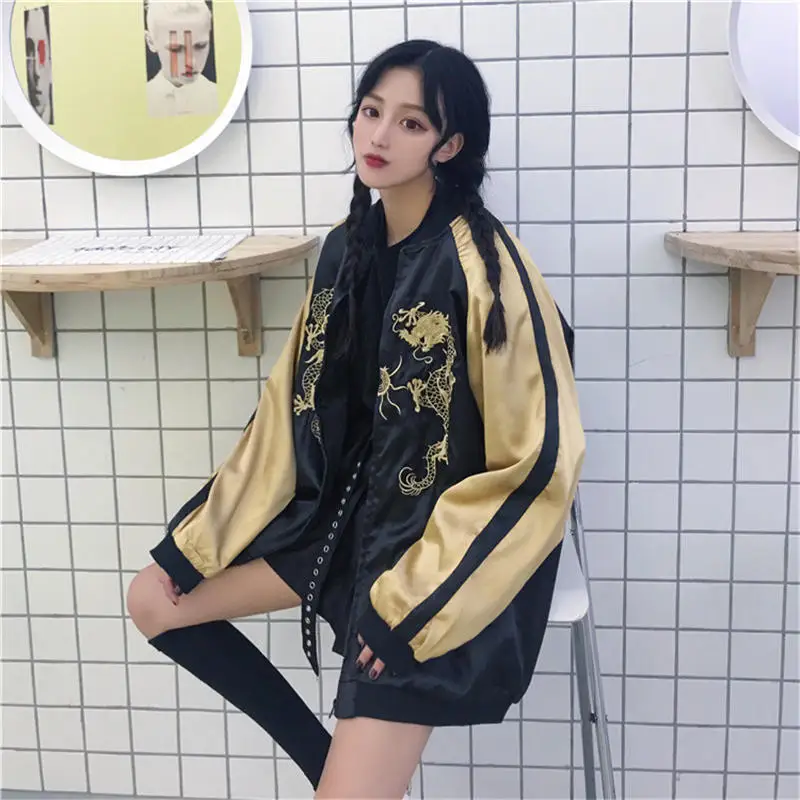 Neploe Harajuku панк BF стиль куртка Вышивка Дракон молния бомбер бейсбольная куртка Осень Новые Модные женские куртки 36884