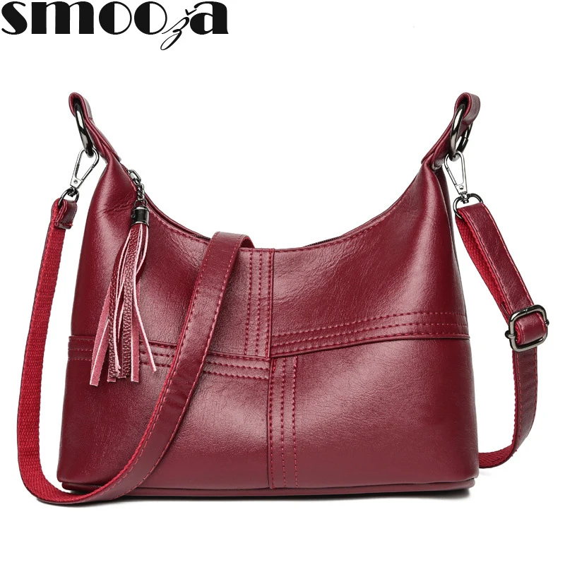 

SMOOZA 2019 New Fashion Patchwork Leather Women Bags Handbags Shoulder Crossbody Bags for Womens tassel Big Hobos Female Bag